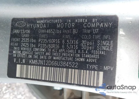 2006 Hyundai Tucson Gls/Limited z USA, uszkodzony, nr VIN KM8JN12D66U384522